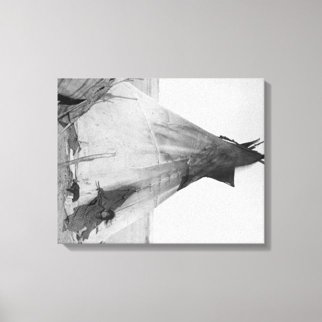 Young Oglala Indian Girl with Puppy utanför Tipi Canvastryck (Framsida)