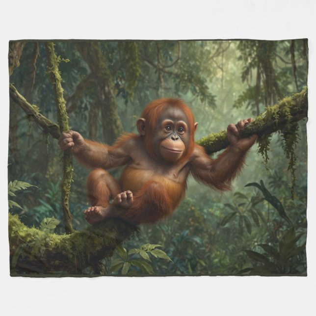 Young Orangutan i en regnskog Fleecefilt (Framsidan (Horisontell))