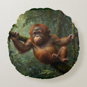 Young Orangutan i en regnskog Rund Kudde