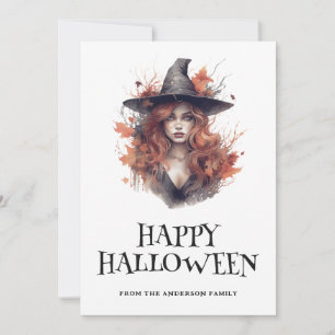 Young Red Har Witch Happy halloween Julkort