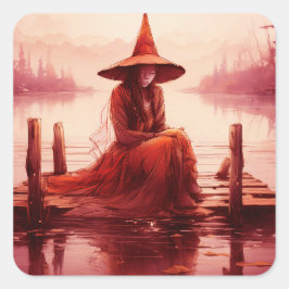 Young Red Witch Sits on Broken Pier Fyrkantigt Klistermärke