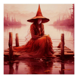 Young Red Witch Sits on Broken Pier Perfect Poster