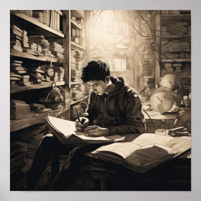 Young Student Immersed i Bibliotek: Inspiring Post Poster (Framsidan)