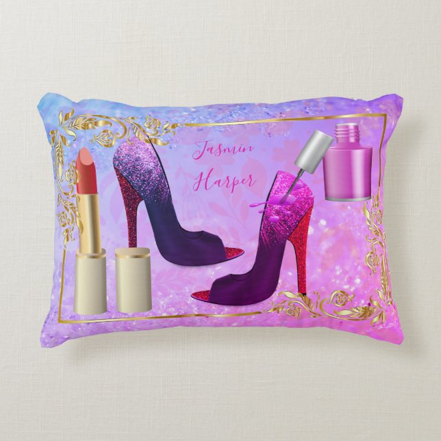 Young Trendig Girly Colorful Mode Shoes Makeup Prydnadskudde (Framsidan)