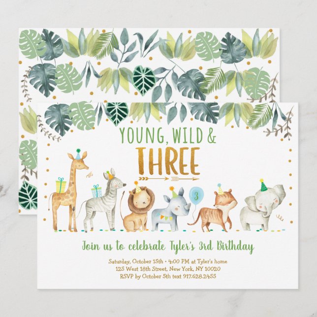 Young Vild & Three Safari Jungle Birthday Inbjudningar (Fram/baksida)
