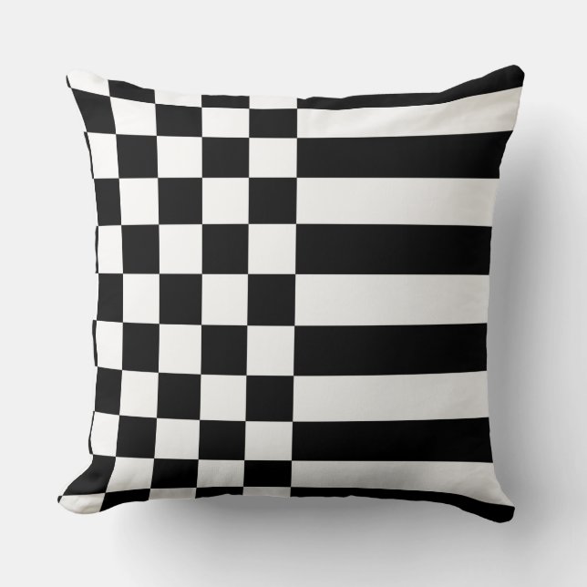 Young White Geometric Rand & Checker Black Kudde (Framsida)
