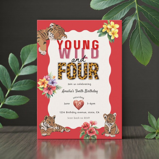 Young Wild and Four Tiger Floral Birthday Inbjudningar (Skapare uppladdad)