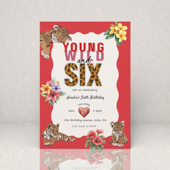 Young Wild and Six Tiger Floral Birthday Inbjudningar (Skapare uppladdad)