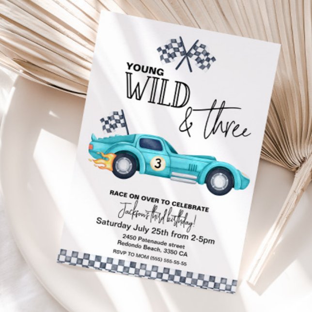 YOUNG Wild and THREE  Födelsedagsinbjudan Inbjudningar (Young wild and three race car birthday invitation)