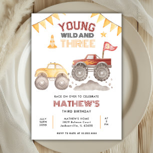 Young Wild And Three Monster Truck 3-årsfest Inbjudningar