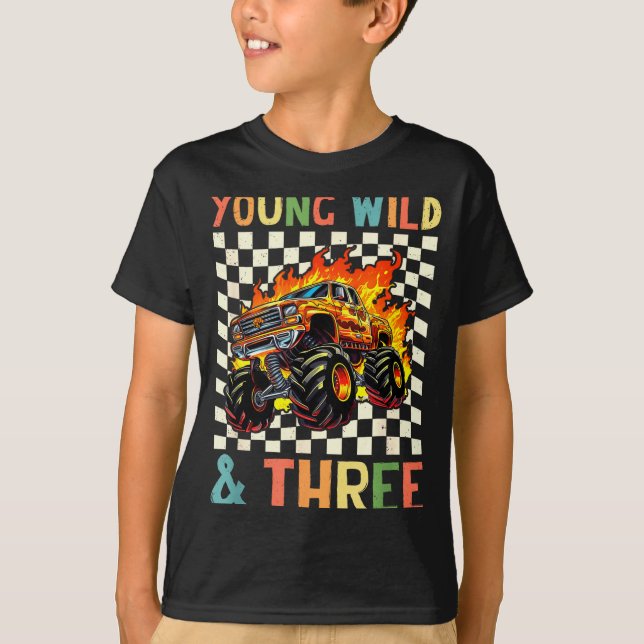 Young Wild And Three Monster Truck 3rd Birthday 3y T Shirt (Framsida)