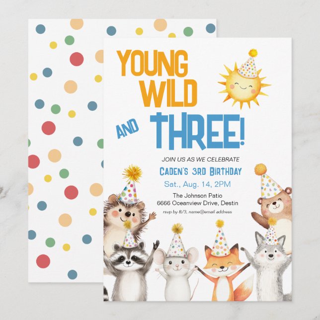 Young Wild Forest Animals Party Hats 3rd Birthday Inbjudningar (Fram/baksida)