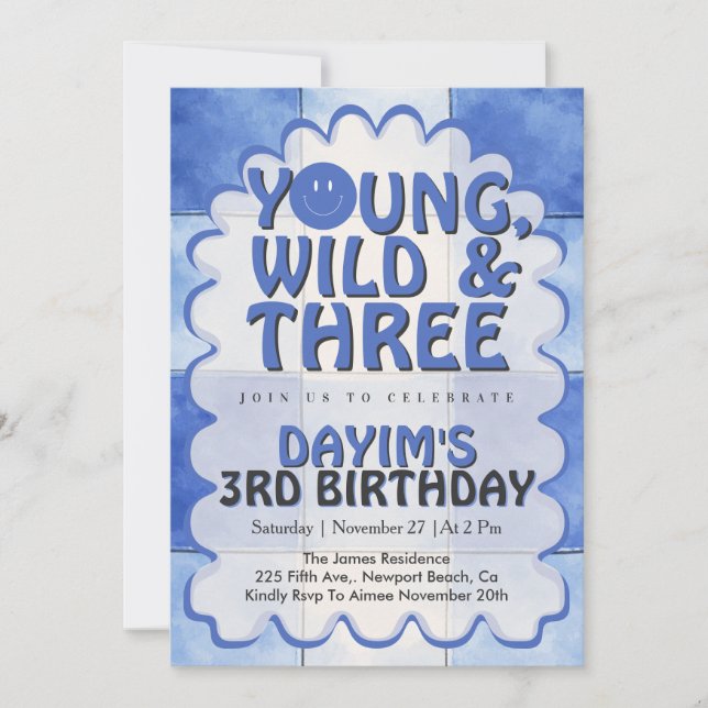 Young Wild & Three Blue Retro Pojke 3-års födelsed Inbjudningar (Framsida)