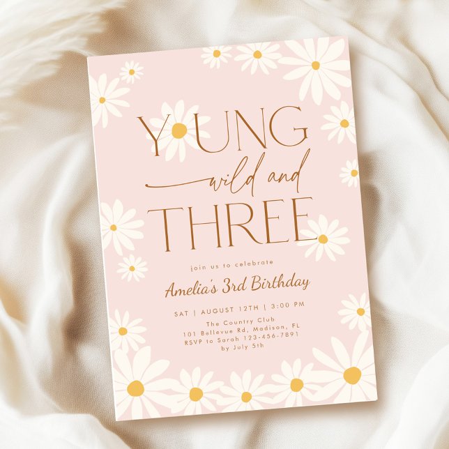 Young Wild Three Daisy Floral 3rd Birthday Inbjudningar (Skapare uppladdad)