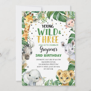 Young Wild & Three Floral Pojke Jungle 3-årsdag Inbjudningar