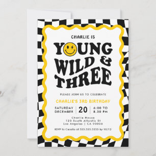 Young Wild & Three Glad Ansikte Pojke 3-årsdag Inbjudningar