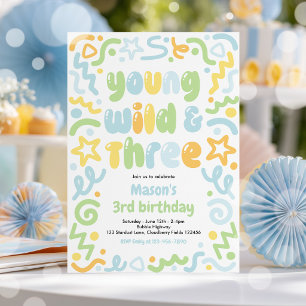 Young Wild & Three Konfettiballong 3-års födelseda Inbjudningar