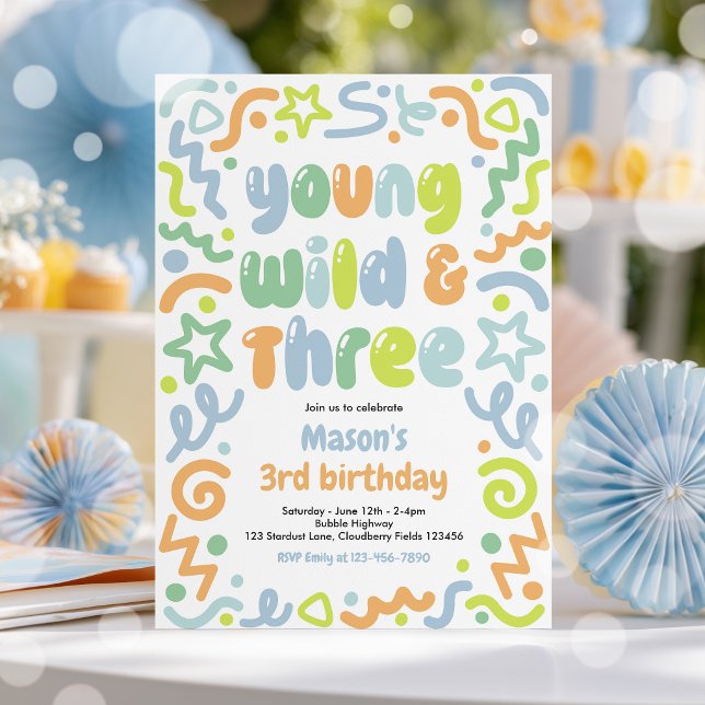 Young Wild & Three Konfettiballonger 3-års födelse Inbjudningar (Skapare uppladdad)