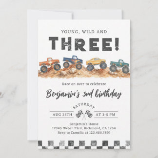 Young Wild Three Monster Truck 3rd Birthday Inbjudningar