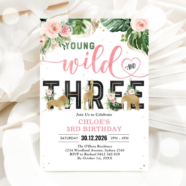 Young Wild & Three Party Animals Tjej 3-årsdag Inbjudningar (Skapare uppladdad)