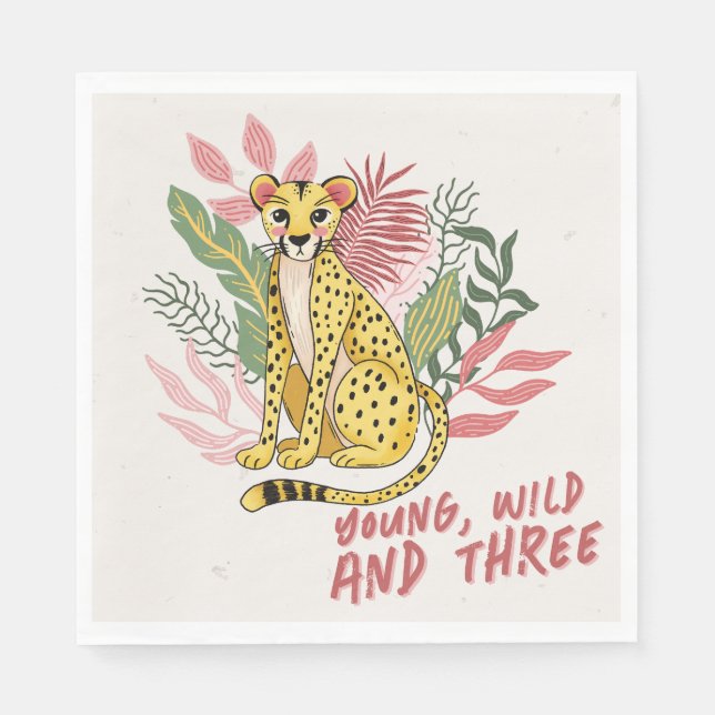 Young Wild Three Pink Cheetah Kids Birthday Party Pappersservett (Framsidan)