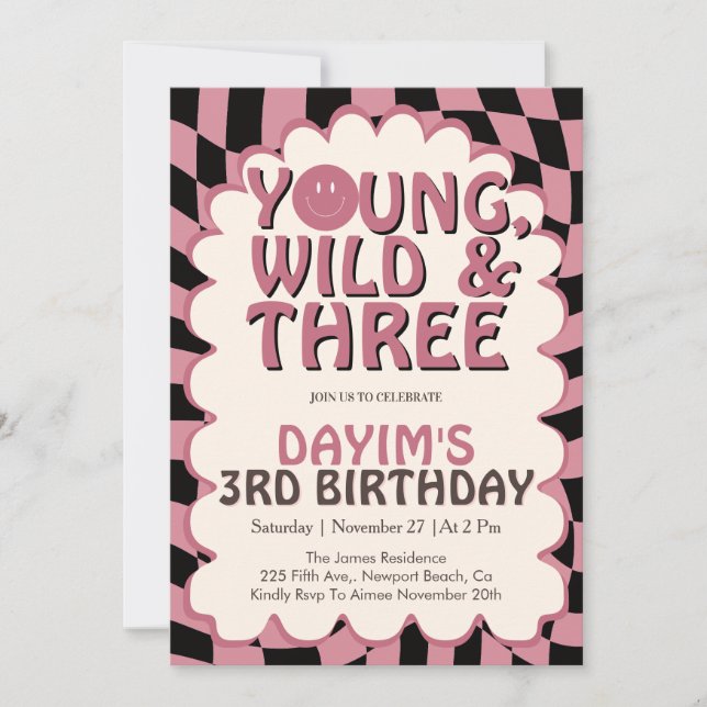 Young Wild & Three Pink Retro Girl 3rd Birthday Inbjudningar (Framsida)