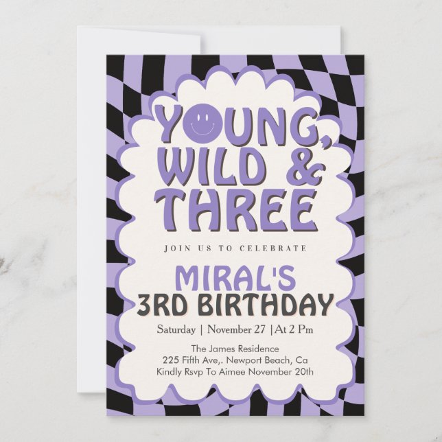 Young Wild & Three Purple Retro Girl 3rd Birthday Inbjudningar (Framsida)