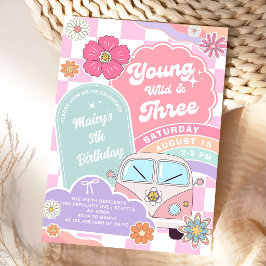 Young wild & Three Rainbow Car Daisy Birthday Inbjudningar