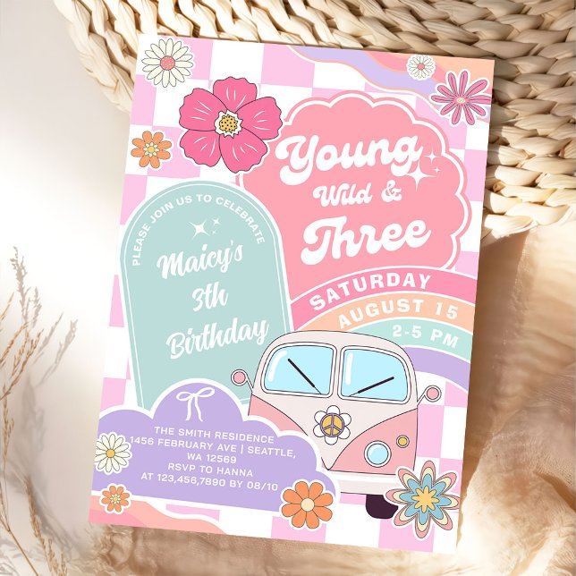 Young wild & Three Rainbow Car Daisy Birthday Inbjudningar (Skapare uppladdad)
