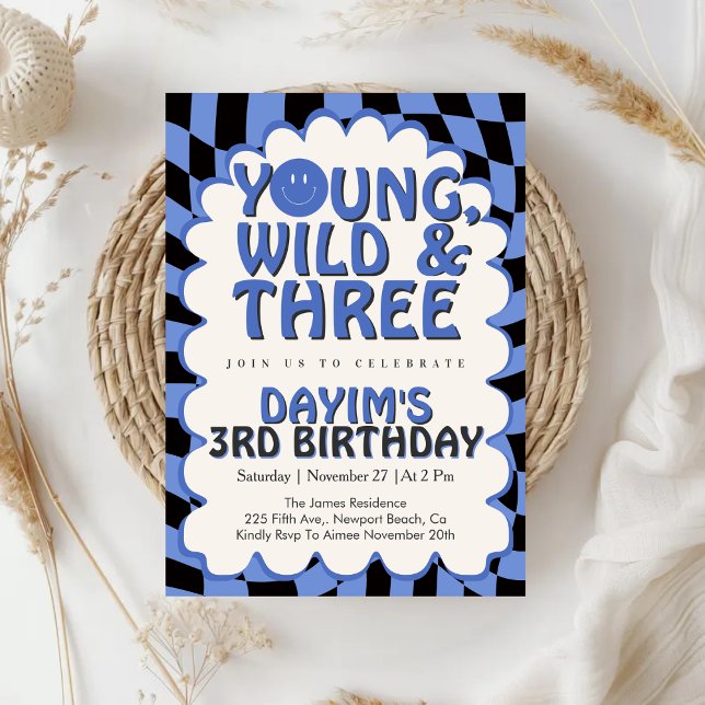 Young Wild & Three Retro Blue Pojke 3-årsdag Inbjudningar (Skapare uppladdad)
