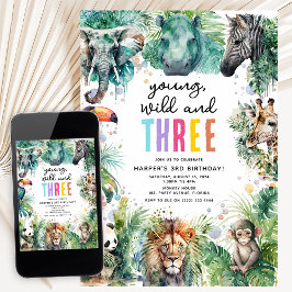 Young Wild & Three Safari Djur 3-års födelsedag Inbjudningar