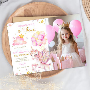 Young Wild & Three Unicorn 3-års födelsedagsfoto Inbjudningar