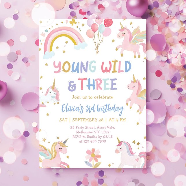 Young Wild & Three Unicorn 3-årsdag Inbjudningar (Skapare uppladdad)