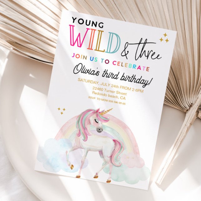 Young Wild & Three Unicorn födelsedagsinbjudan Inbjudningar (Young Wild and three rainbow unicorn 3rd birthday invitation)