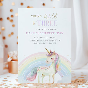 Young Wild & Three Unicorn Rainbow 3-årsfest Inbjudningar