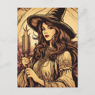 Young Witch Holding a Torch, Vintage Halloween Vykort