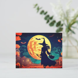 Young Witch illustration Halloween Postcard Vykort