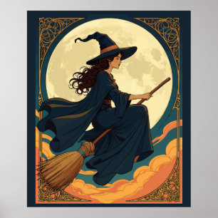 Young Witch Sat Astride A Besom Art nouveau Stil Poster
