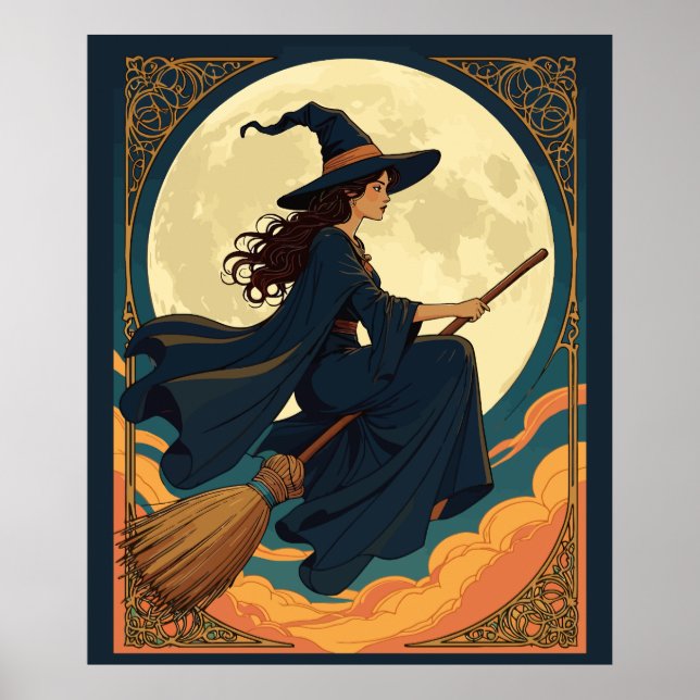 Young Witch Sat Astride A Besom Art nouveau Stil Poster (Framsidan)