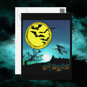 Young Witch som flyger mellan Natten Himlar Vykort