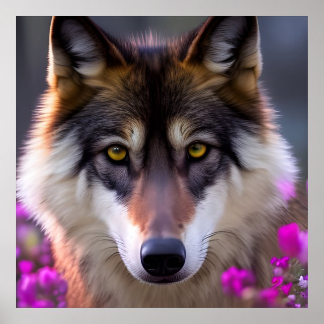 Young wolf in fuchsia pink flowers poster (Framsidan)