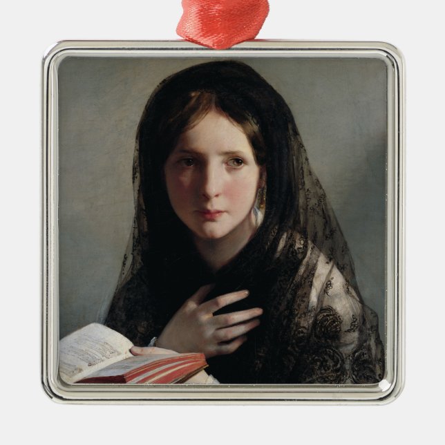 Young Woman Borttappad in Dreams (Läser a Bok) Julgransprydnad Metall (Framsidan)