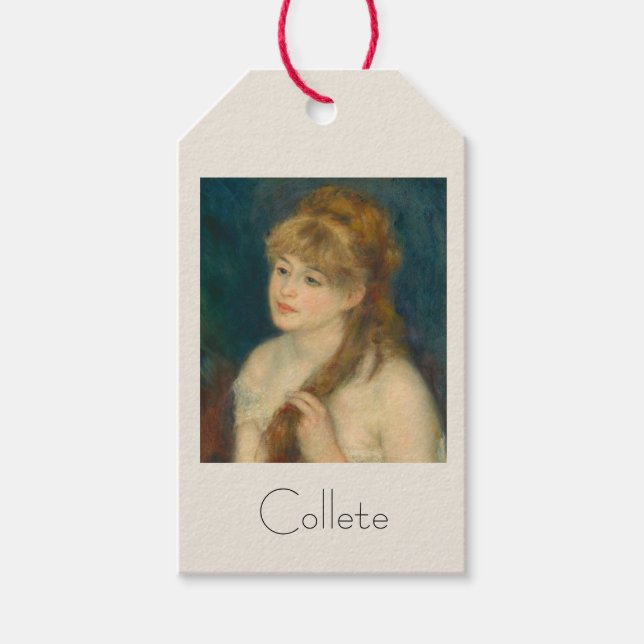 Young Woman Braiding her Hair by Renoir Presentetikett (Framsidan)