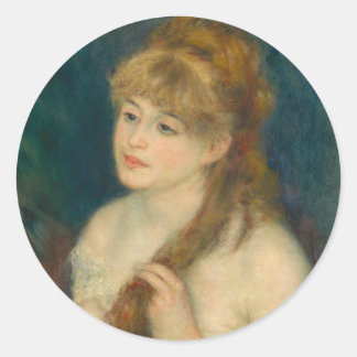 Young Woman Braiding her Hair by Renoir Runt Klistermärke