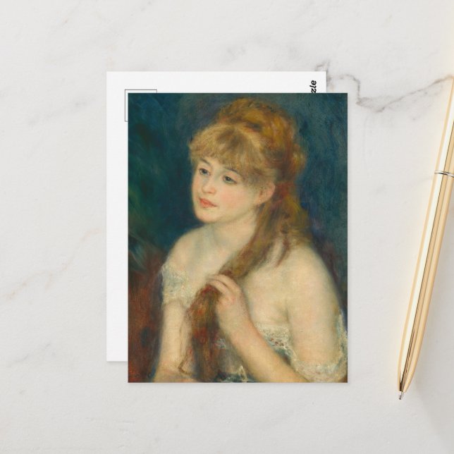 Young Woman Braiding her Hair by Renoir Vykort (Fram/Back In Situ)