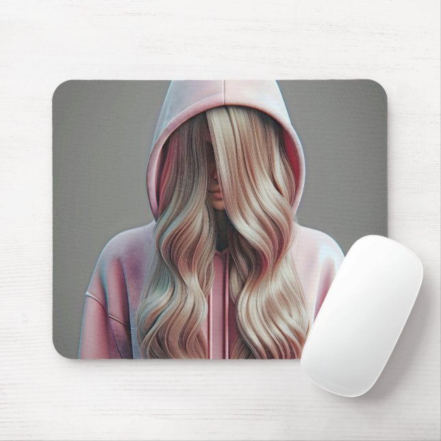 Young Woman Gömmer bakom Long Blond Hair Musmatta (Med mus)