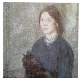 Young Woman Holding a Black Cat (av Gwen John) Kakelplatta
