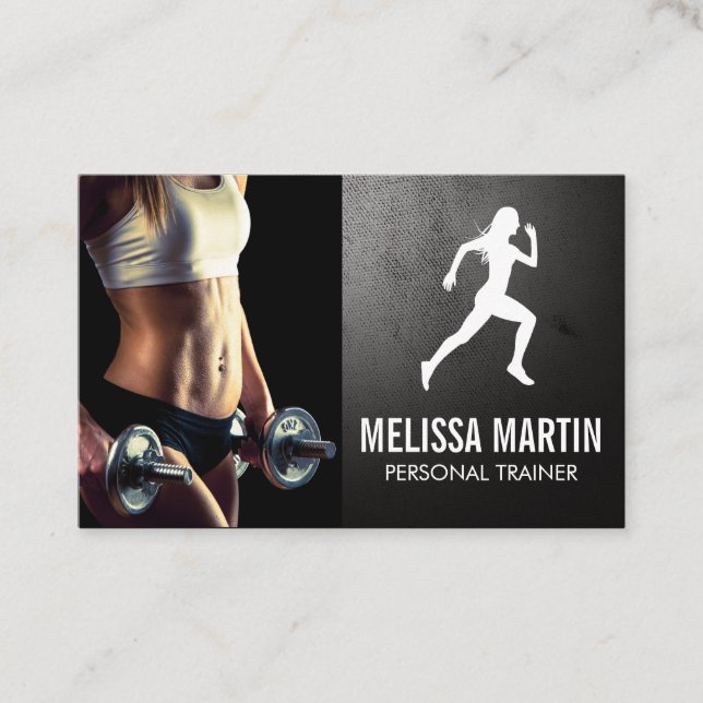 Young Woman Holding Dumbbells | Fitness-Logotyp Visitkort (Framsida)