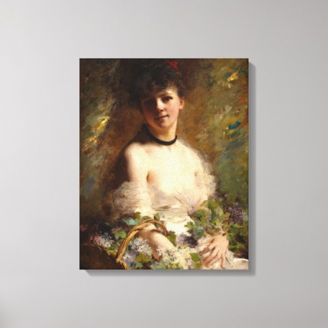 Young Woman med Flower Basket Canvastryck (Framsida)