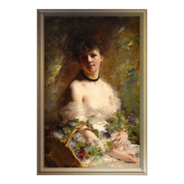 Young Woman med Flower Basket Fototryck (Framsidan)